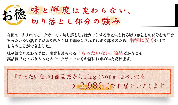 高品質でたっぷり入ったスモークサーモンをお得にお求めいただけます。