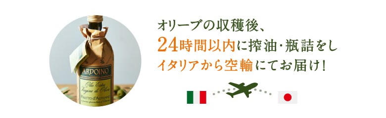 オリーブの収穫後、24時間以内に搾油・瓶詰をし、イタリアから空輸にてお届け