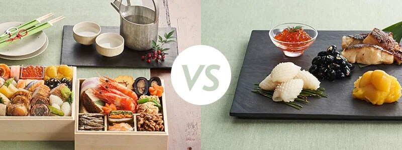 おせち料理の盛り付け例、重箱vsお皿