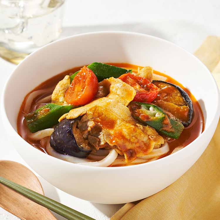 【オーダー用】リニューアル版暖簾と麺類丼セット カッティングダイお雑煮そばうどん ランチOisix】夏野菜の和風トマトカレーうどん|有機野菜 通販