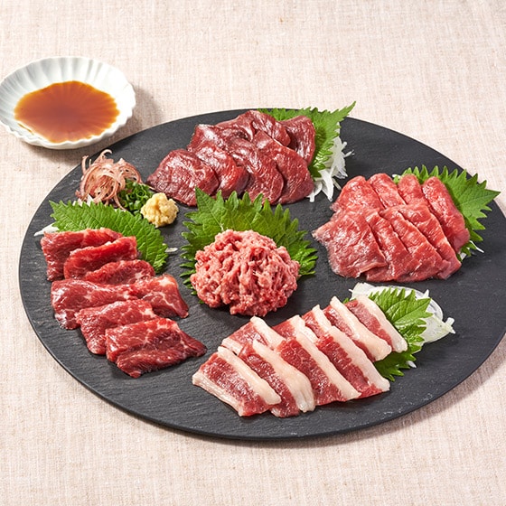 馬刺し5種盛(赤身、霜降、馬トロ、ロース、ふたえご）|有機野菜
