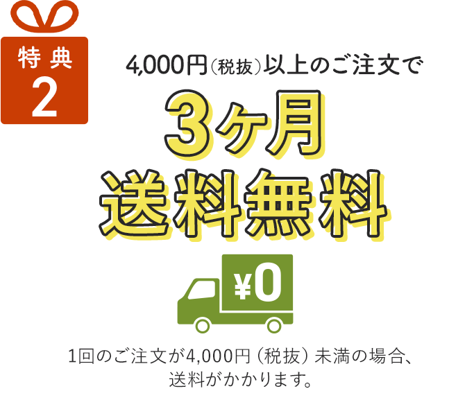 特典2/4,000円（税抜）以上のご注文で3ヶ月間送料無料