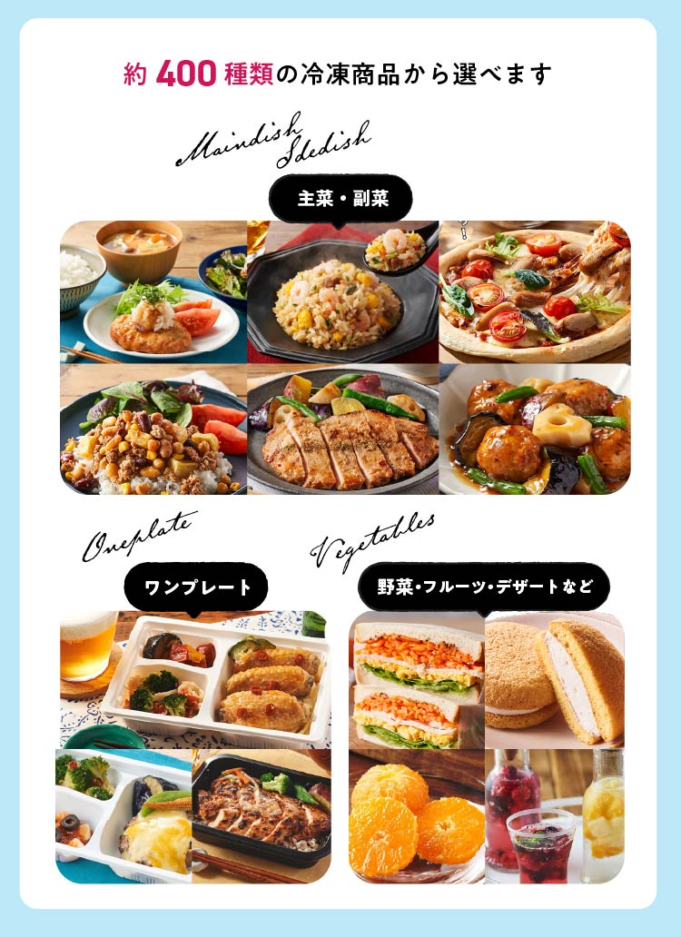 フライパン1つやレンチンのみで完結する総菜を中心に、あって嬉しい冷凍野菜、フルーツ、デザートなどをご提案します。