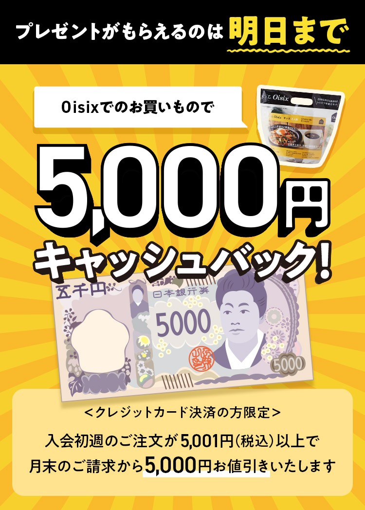 Oisixでのお買い物で5,000円キャッシュバック!